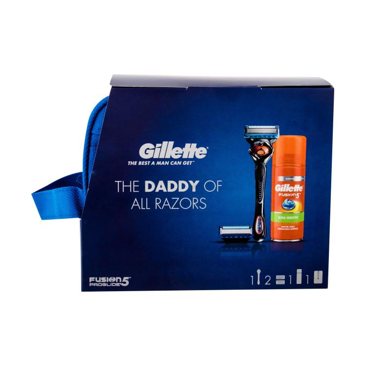 Gillette Fusion Proglide Flexball Geschenkset Rasierer mit einer Klinge 1 St + Ersatzklinge 2 St + Rasiergel HydraGel Sensitive 75 ml + Kosmetiktasche