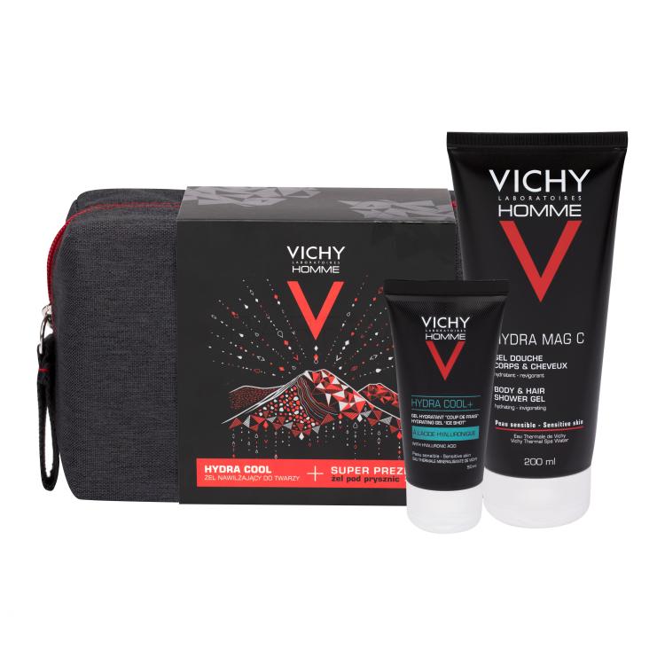 Vichy Homme Hydra Cool+ Geschenkset Feuchtigkeitsspendendes Gel 50 ml + Duschgel Hydra Mag C 200 ml + Kosmetiktasche