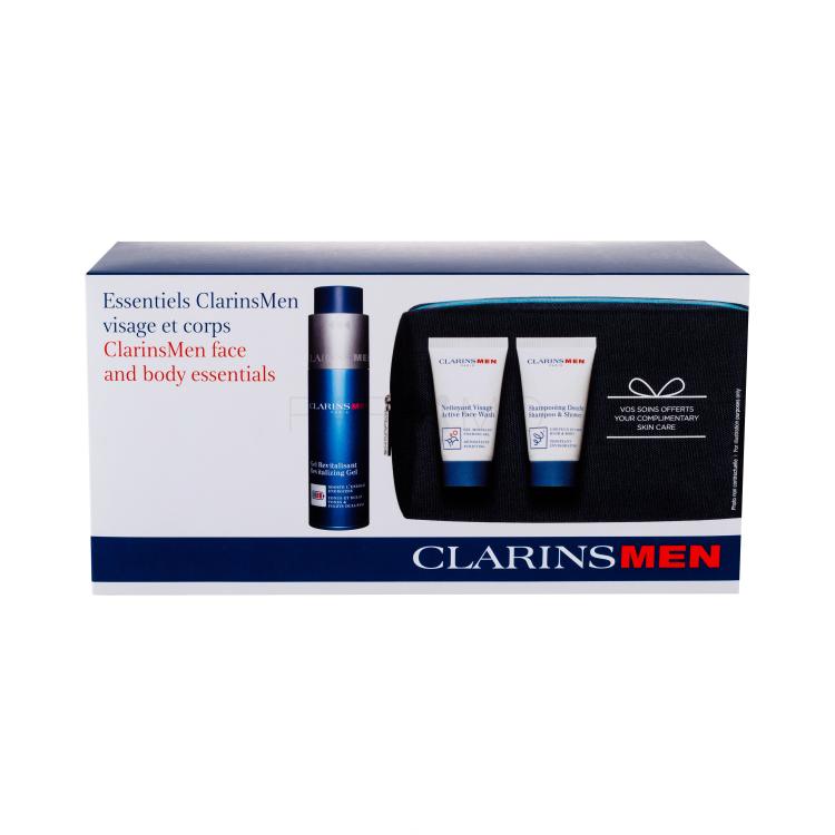 Clarins Men Revitalizing Gel Geschenkset Feuchtigkeitsgel 50 ml + Gesichtsreiniger Active Face Wash 30 ml + Duschgel Shampoo &amp; Shower 30 ml + Kosmetiktasche