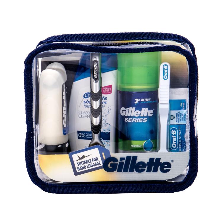 Gillette Mach3 Travel Kit Geschenkset Rasierer 1 St. + Rasierschaum 75 ml + After Shave Balsam 75 ml + Shampoo 90 ml + Zahnpasta 15 ml + Zahnbürste 1 St.