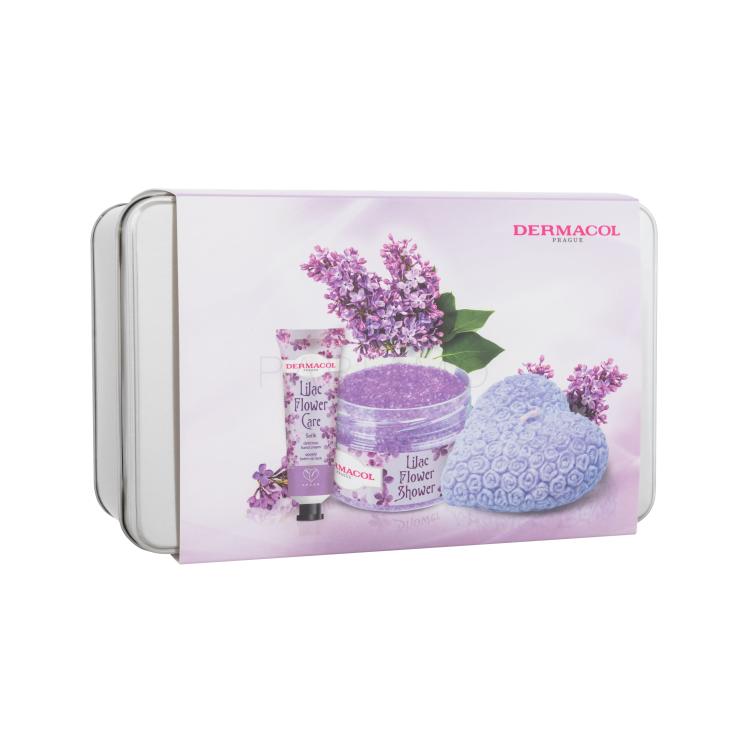 Dermacol Lilac Flower Shower Body Scrub Geschenkset Körperpeeling Lilac Flower Shower 200 g + Handcreme Lilac Flower Care 30 ml + Duftkerze + Blechdose