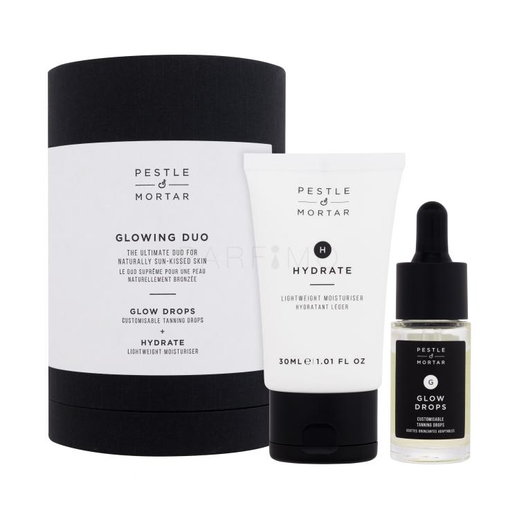 Pestle &amp; Mortar Glowing Duo Geschenkset Selbstbräunungsserum Glow Drops  15 ml + Feuchtigkeitscreme Hydrate Lightweight Moisturiser 30 ml