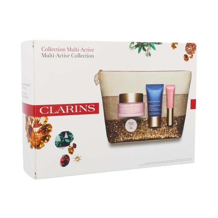 Clarins Multi-Active Geschenkset denná pleťová starostlivosť 50 ml + nočná pleťová starostlivosť 15 ml + tónující balzam Instant Light Natural Lip Perfector 5 ml 01 Rose Shimmer + kozmetická taška